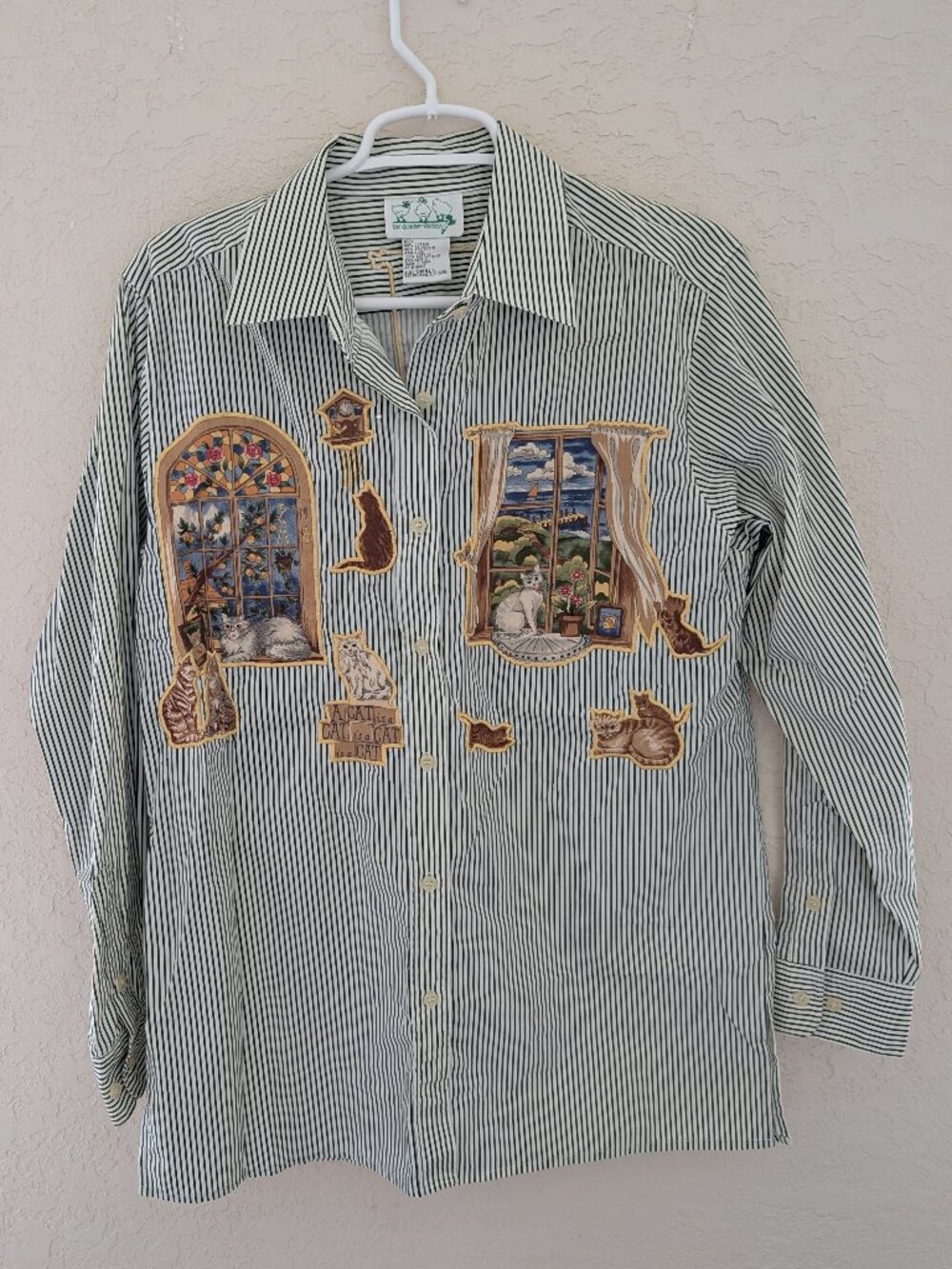 Vintage Quacker Factory 90's Striped Cat Window Grandmacore Button Down Size S